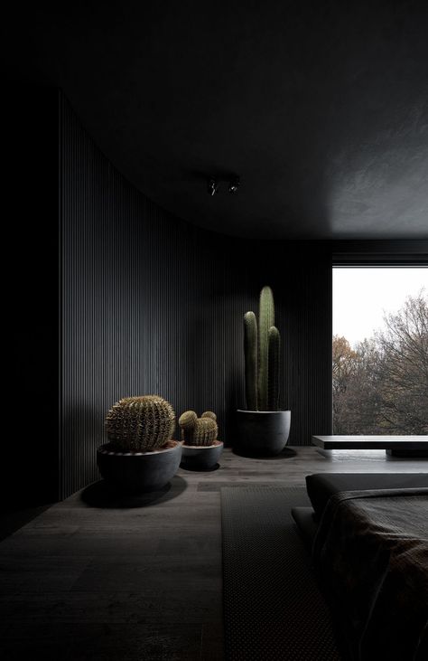 Interior Planters, Brutalist Interior, Dark Interior Design, Planters Ideas, Black Bedroom Design, Black Interior Design, Dark Home, Black Room, Kamakura