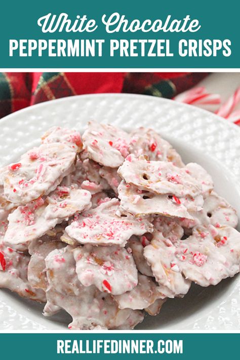 Salty and Sweet, these White Chocolate Peppermint Pretzel Crisp will make your mouth so happy. Such and easy four ingredient recipe. Makes a perfect Christmas gift for Teachers and neighbors. Also a great and easy idea to take to a Christmas Party! The Crushed Candy Canes make it look so pretty! 10 minute recipe ~ https://reallifedinner.com White Chocolate Peppermint Pretzels, Holiday Baking Ideas Christmas, Peppermint Pretzels, Baking Ideas Christmas, Peppermint Pretzel, Pretzel Thins, Holiday Baking Ideas, Christmas Pretzels, White Chocolate Pretzels