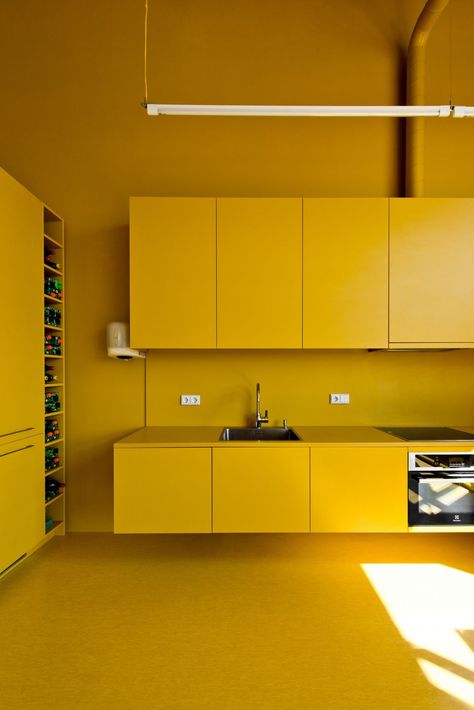 Gallery of Vinted 4TH | YCL studio | Media - 12 Home Office Design On A Budget, Bespoke Kitchen Design, Knitted Polo Shirt, Monochrome Interior, Yellow Interior, Knitted Polo, Yellow Kitchen, Yellow Walls, Home Office Design