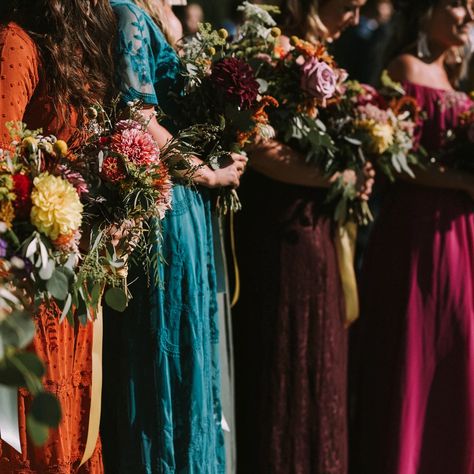 Tess + Brian | our work Jewel Tone Wedding Bridesmaid Dresses, Jewel Toned Bridesmaid Dresses, Rainbow Bridesmaid Dresses, Jewel Tone Bridesmaid, Rainbow Bridesmaids, Fall Barn Wedding, Fall Bridesmaids, Enchanting Wedding, Fall Bridesmaid Dresses