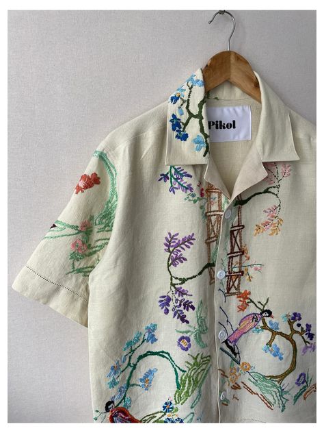 Embroidered Dress Shirt, Embroidered Button Up Shirt, Reworked Clothes, Upcycle Vintage, Embroidered Shirt Dress, Vintage Doilies, Upcycle Ideas, Mexican Fashion, Tropical Fashion