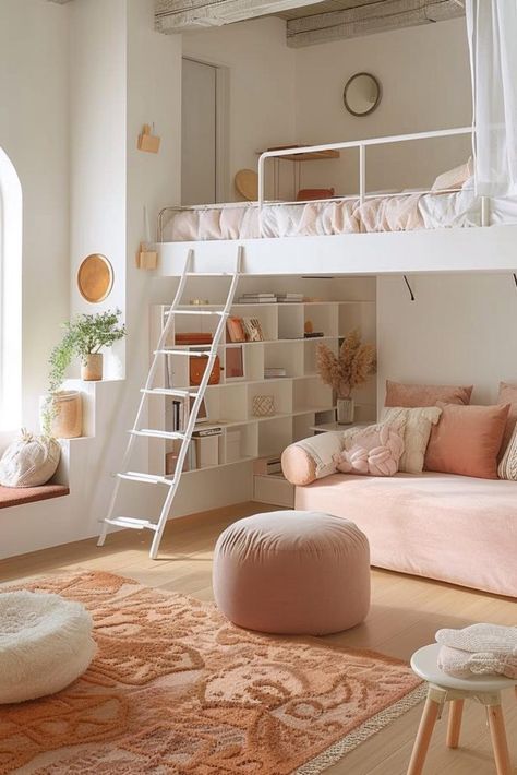 Girls Loft Bedroom, Cute Aesthetic Bedroom, Loft Bed Ideas For Small Rooms, Loft Bedroom Ideas, New York Bedroom, Loft Beds For Small Rooms, Girls Loft Bed, A Loft Bed, Chic Loft