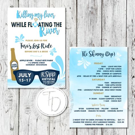 Float the river bachelorette invitation by Trusner Designs River Bachelorette, Camping Bachelorette, Bachelorette Invite, Wild West Theme, River Float, Bachelorette Bachelor Party, Bachelorette Invitation, Float Trip, Bachelorette Party Planning