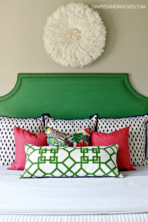 Kelly Green, Navy, and Pink Master Bedroom  || Green Upholstered Headboard and Patterned Pillows  ||  Dimples and Tangles Dimples And Tangles, Blush Bedroom, Pink Headboard, Patterned Pillows, Pink Bedroom For Girls, Navy Pillows, Pink Bedroom Decor, Pink Bedrooms, Princess Room