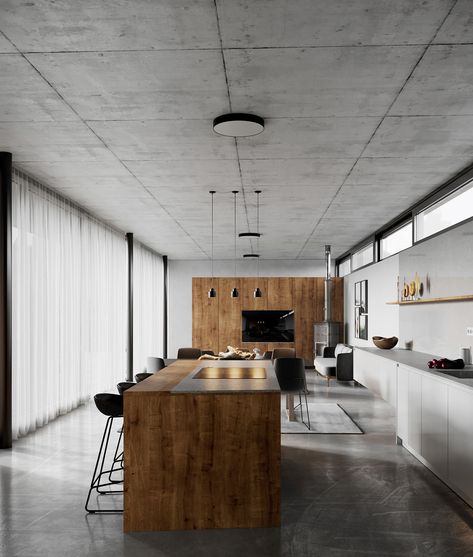 CGI: Compass Atelier (Interior) on Behance Atelier Interior, Interior Design Examples, Industrial Style Home, Concrete Interiors, Minimal Interior Design, Industrial Style Kitchen, Rustic Industrial Decor, Sophisticated Decor, Industrial Interior Design