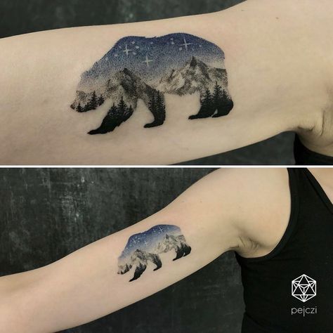 double exposure bear - mountain landscape tattoo by pejczi, polish tattoo artist Polish Tattoos, Bear Tattoo Designs, Tattoos For Women Half Sleeve, Landscape Tattoo, Bear Tattoos, Forest Tattoos, Bear Tattoo, Tattoo Kits, Tattoo Life