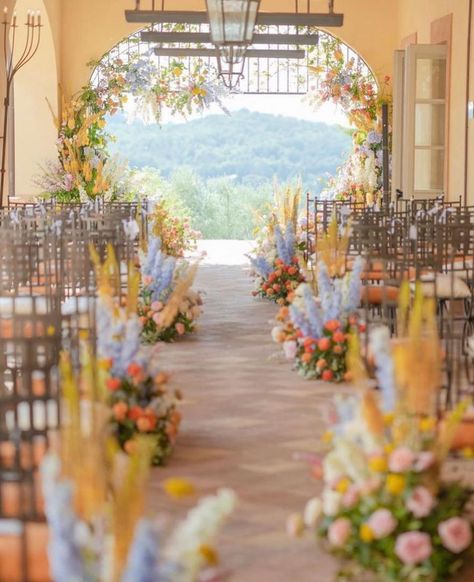 Wedding Aisle Decoration, Wildflower Wedding Theme, Summer Wedding Ceremony, Aisle Decorations, Colorful Florals, Garden Weddings Ceremony, Walk Down The Aisle, Wedding Aisle Decorations, Garden Wedding Decorations