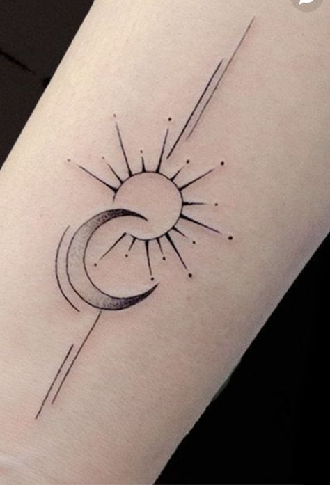 Minimalist Moon Tattoo Women, Sun Moon Abstract Tattoo, Moon Tricep Tattoo, Sun And Crescent Moon Tattoo, Luna Symbol, Fine Line Sun And Moon Tattoo, Triple Goddess Tattoo Design, Rising Woman Symbol Tattoo, Devine Feminine Art Tattoo