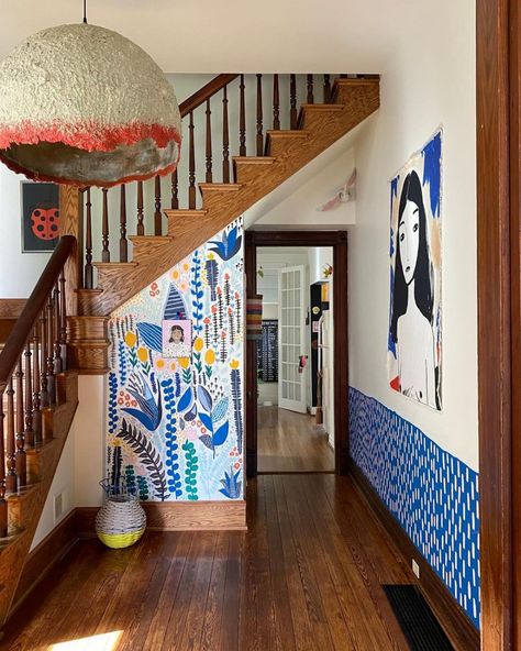 Interiors • Instagram Boho Entryway Door, Hand Painted Staircase Mural, Decor For Older Homes, Half Wall Stencil Ideas, Indie Wall Mural, Creative Diy Furniture, Art On Top Of Wallpaper, Diy Spanish Style Home, Apartment Mural Wall