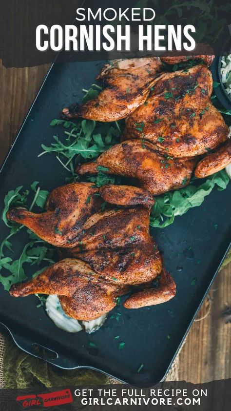 🍗🧨️ Fire up the smoker and let's get cookin'! These 💥~-flavortown-~💥 smoked cornish hens are finger-lickin' good! We'll show you how to spatchcock and smoke these little birds for the juiciest, most tender and delicious meat ever - infused with sweet smoky goodness in just 60-90 minutes. Perfect for a quick weeknight dinner or impressing at your next cookout. Your whole crew will be begging for seconds after one bite of these crave-worthy smoked cornish hens, trust us! 😍🤤 Grab the recipe n Spatchcock Cornish Hen, Smoked Cornish Hens, Cooking Cornish Hens, Game Hen Recipes, Cornish Game Hen Recipes, Cornish Hen Recipe, Smoked Recipes, Cornish Hen, Cornish Game Hen