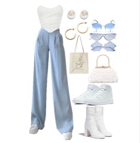 White And Blue Outfits For Women Classy, Blue White And Gold Outfit, How To Style White Corset, Casual Corset Top Outfit, Outfits With White Corset Top, Blue And Gold Outfits Casual, Corset White Outfit, Pastel Blue Fashion, Casual Corset Outfit Street Style