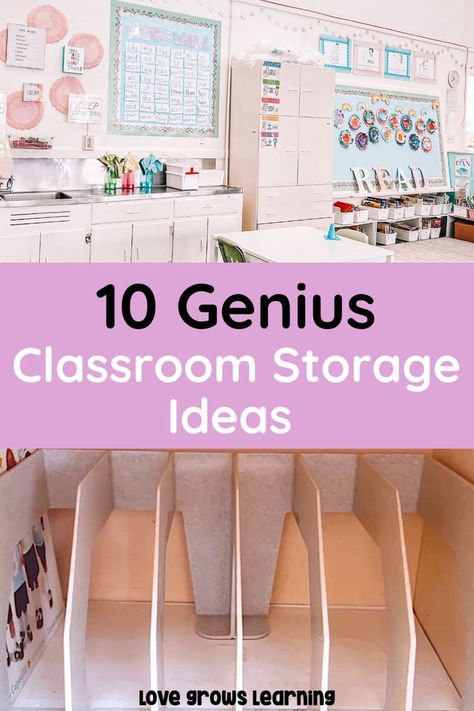 These classroom storage hacks are genius and so helpful! Click to read tips for classroom storage that will help your classroom organization throughout the school year. Classroom Setup Middle School, Classroom Storage Ideas, Middle School Classroom Organization, Classroom Storage Solutions, Preschool Classroom Setup, Classroom Setup Elementary, Teacher Storage, Teaching Classroom Decor, Classroom Decor Middle