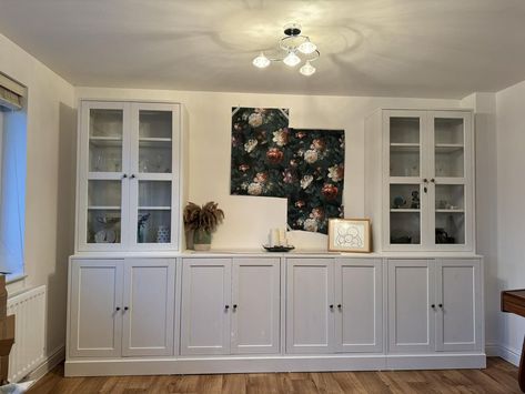 Built In Dresser Dining Room, Dining Room Storage Built In, Cabinets In Dining Room, Glass Cabinets, Dining Room Cabinet, Living Room Built Ins, Dining Room Buffet, Ikea Furniture Hacks, Dining Room Storage