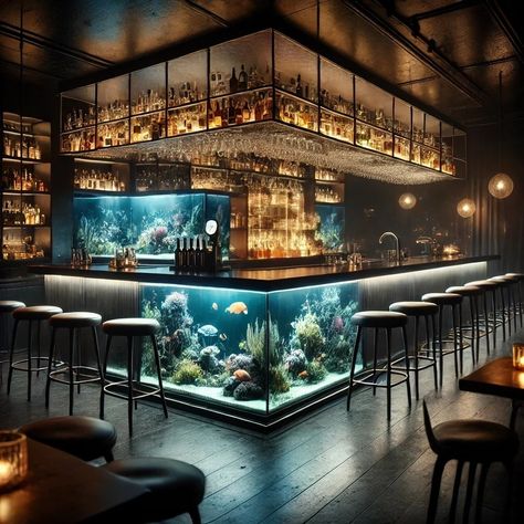 Enhance your bar's ambiance with stunning aquarium decor. Discover creative ideas for incorporating vibrant fish tanks that add a touch of tranquility and visual appeal, turning your bar into a captivating underwater oasis 🐟🐠🐡 #sipthestyle #AquariumBarDecor #UnderwaterVibes #BarDesignInspiration #AquaticAmbiance #CreativeBarDesign #bartheme Fish Tank Bar, Aquarium Bar, Creative Fish Tank, Aquarium Restaurant, Dark Restaurant, Pool Side Bar, Bar Countertops, Aquarium Decor, Fish Tanks