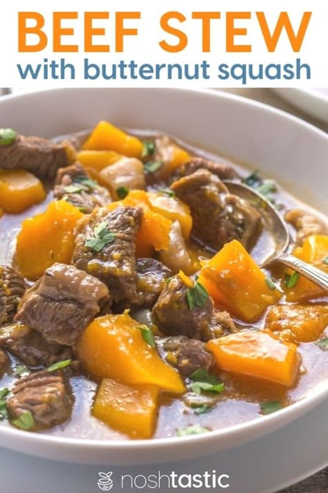 Beef and Butternut Squash Stew! It's Paleo, Whole30, Gluten Free, Can be made in a slow cooker or crockpot www.noshtastic.com #paleo #whole30 #cleaneating #beefstew #glutenfreestew #paleostew #whole30stew #noshtastic Beef And Butternut Squash, Paleo Recipes Lunch, Paleo Beef Recipes, Squash Stew, Paleo Slow Cooker Recipes, Healthy Squash Recipes, Butternut Squash Stew, Paleo Crockpot Recipes, Fall Meals