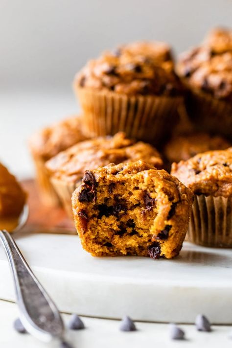 Healthy Pumpkin Chocolate Chip Muffins, Pumpkin Chocolate Chip Muffin Recipe, Pumpkin Foods, Mini Pumpkin Muffins, Muffins Pumpkin, Chocolate Chip Muffin, Fall Goodies, Pumpkin Treats, Chocolate Chip Muffin Recipe