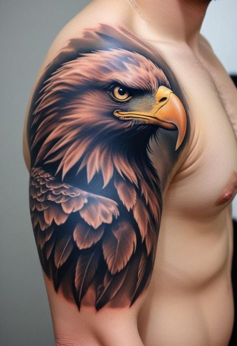 Eagle Shoulder Tattoo, Eagle Tattoo Design, Forearm Cover Up Tattoos, Shoulder And Arm Tattoo, Kalibo, Tattoo Eagle, Tiger Tattoo Sleeve, Lion Head Tattoos, Cool Arm Tattoos