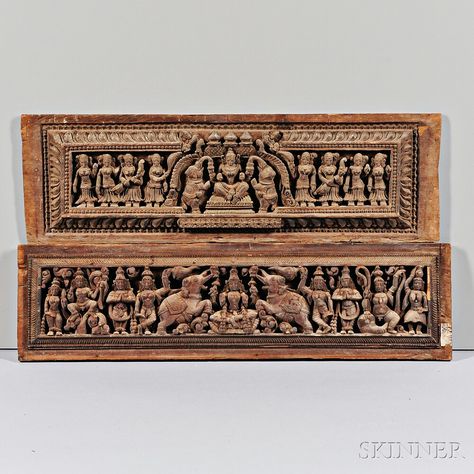 Lot 61 - Two Wooden Lintel Friezes, India, both depicting a four-armed Lakshmi, the Hindu goddess of wealth Wooden Lintel, Indian Inspired Decor, Pooja Door Design, Goddess Of Wealth, Wood Wall Design, Vintage Brass Decor, Wood Carving Furniture, Ancient Indian Architecture, India Home Decor