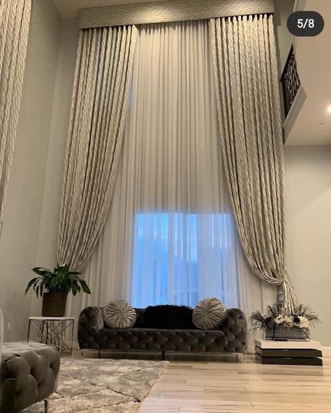 @breajahdestiny Curtains For High Ceilings Living Room, Curtain Wall Bedroom, Curtain Wall Bedroom Behind Bed, Turkish Curtains, Palladium Windows, Bedroom With Natural Light, Curtain Decoration Ideas, Window Curtains Ideas, Modern Curtain Design