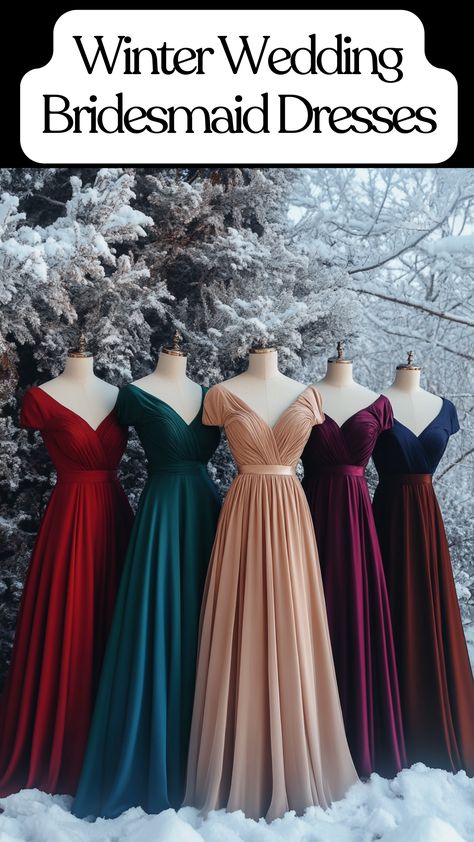 A selection of winter wedding bridesmaid dresses in various colors, including blue, green, red, purple, black, maroon, brown, pink, and gold, displayed in an elegant winter setting. Winter Wonderland Bridesmaid Dresses, Christmas Wedding Dresses Bridesmaid, December Wedding Bridesmaid Dresses, Fall Mismatched Bridesmaid Dresses, Light Pink Bridesmaid Dresses Long, Bridesmaid Maroon, Winter Wedding Bridesmaid Dresses, Christmas Bridesmaid Dresses, Bridesmaid Dresses Winter