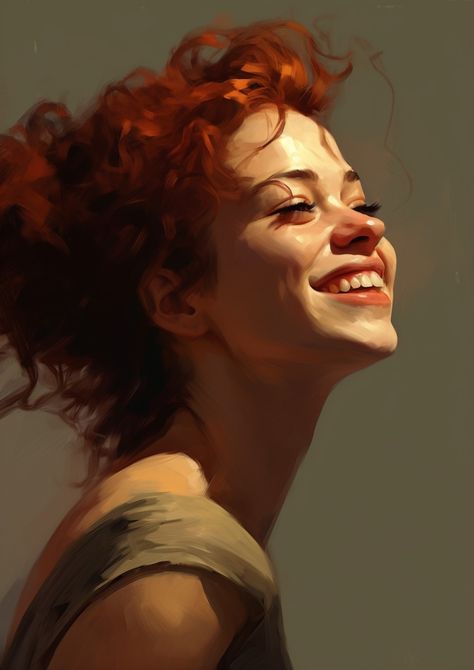 Beautiful woman, red hair, redhead, bust, model, exaggerated expression, happy, smile Female Face Art Reference, Smiling Portrait Painting, Looking Up Face Drawing, Face Looking Down Reference, Smile References Drawing, Portrait Art Reference, Smile Digital Art, Painterly Digital Art, Smiling Reference