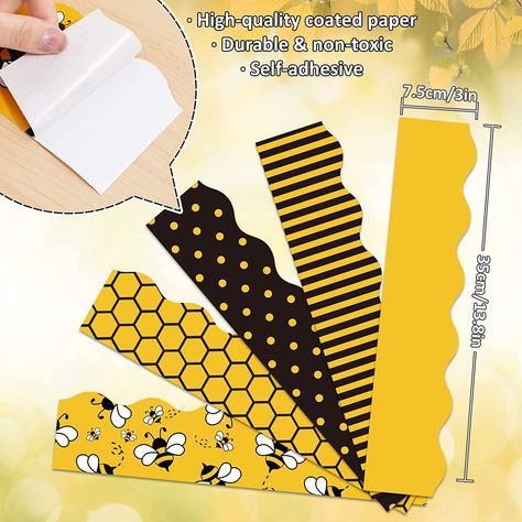 60pcs bulletin border stickers in 5 designs, each design contains 12pcs, sufficient quantity and rich styles can meet your different decoration needs. 5 styles, stripe, dot, honeycomb, cute bee patterns... Made of good material paper, durable and safe, easy to stick and peel, you can easily stick them on the bulletin board, blackboard and whiteboard, saving time and effort as well. Each bulletin border sticker is 35cm x 7.5cm / 13.8 x 3inch, and the total length of the sticker is 69ft, Bee Bulletin Boards, World Bee Day, Bulletin Borders, Border Sticker, Bee Wall Art, Bee Day, Bulletin Board Borders, Cartoon Bee, Bee Wall