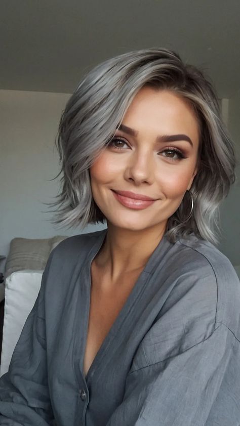 Your Guide to Fabulous Grey Bobs: 15 Styles for Every Occasion - TecArticles Salt And Pepper Shoulder Length Hair, Gray Long Bob Hairstyles, Gray Layered Bob, Platinum Silver Hair Highlights, Silver Hair With Bangs, Gray Hair Makeup, Silver Hair Bob, Grey Hair With Brown Lowlights, Grey Hair Bob