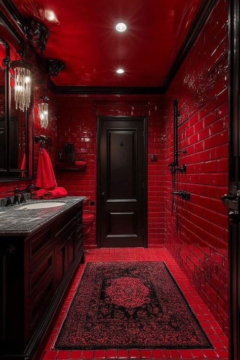 Red Goth Bathroom, Black And Red Bathroom Ideas, Black And Red Bathroom, Red And Black Room Aesthetic, Red Bathroom Aesthetic, Dark Red Bathroom, Red Gothic Aesthetic, Red And Black Bathroom, Gothic Bathroom