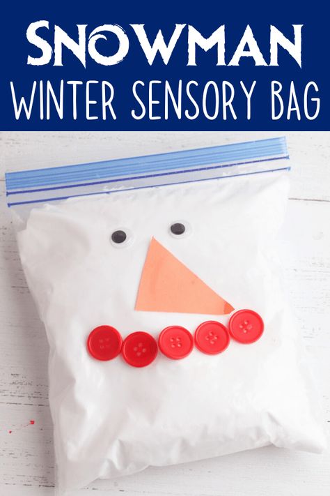 This snowman winter sensory bag uses fake snow and shaving cream to make a squishy mess-free sensory toy that babies and toddlers will love. #sensorybags #wintersensoryplay #kidsactivities #snowmansensorybag #wintersensorybags Snowman In A Bag, Winter Sensory, Snowmen Activities, Sensory Bag, Sensory Bags, Snowman Craft, Snow Theme, Stem Crafts, Fake Snow