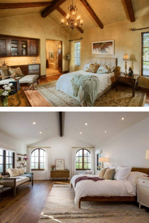 2 Spanish-Style Bedroom Ideas Compared Each with Seating Area, Beamed Ceiling, and Area Rug Spanish Style Bedroom, Spanish Vacation, Primary Bedroom Ideas, Spanish Bedroom, Spanish Farmhouse, Cozy Seating Area, Inspired Bedroom, Cozy Seating, Primary Bedroom