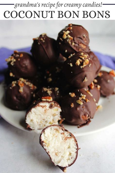 Coconut Candies Recipes, Coconut Bonbons Homemade, Homemade Bon Bons, Coconut Cream Balls Recipe, Christmas Cookies With Coconut, Coconut Candy Balls, Coconut Christmas Treats, Candy Nuts Recipe, Coconut Truffles Recipe