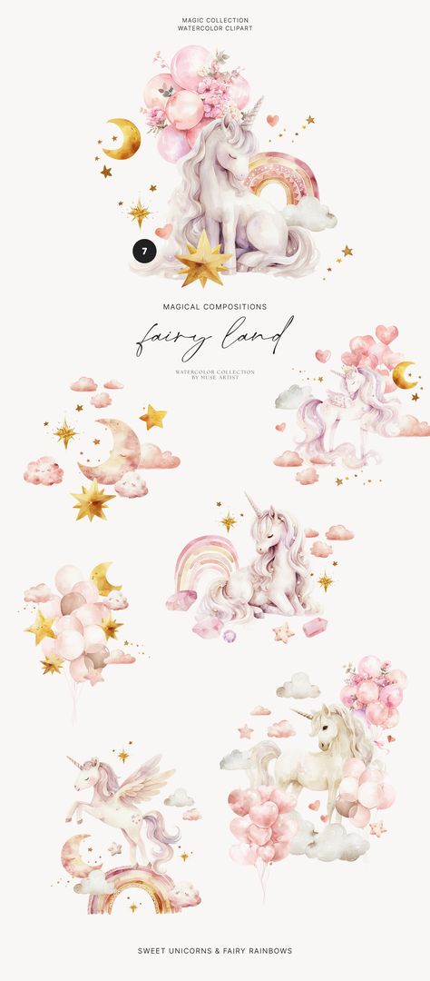 FAIRY LAND Watercolor Unicorn by Muse Artist on @creativemarket Fairytale Watercolor, Unicorn Watercolor, Baby Luna, Illustrator Brushes, Spring Animals, Watercolor Cute, Unicorn Illustration, Magical Fairy, Instagram Layout