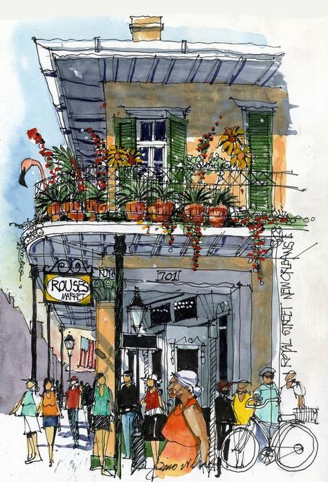 Urban Sketchers Landscape Architecture Drawing, New Orleans Art, Watercolor Architecture, Urban Sketchers, Ink Sketch, Watercolor Sketch, Urban Sketching, Watercolor Drawing, Architecture Sketch