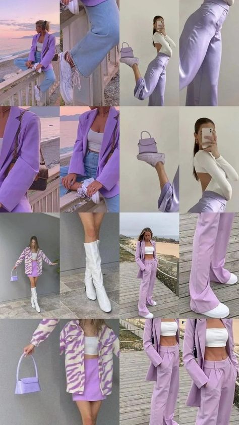 Colour Blocking Outfits Casual, Best Colour Combination Outfits, Spring Outfits Bright Colors, Fun Colourful Outfits, Best Colour Combos Outfits, Barbie Purple Outfit, Lilac Pants Outfit Color Combos, What Color Goes With Purple, Best Color Combos Outfits