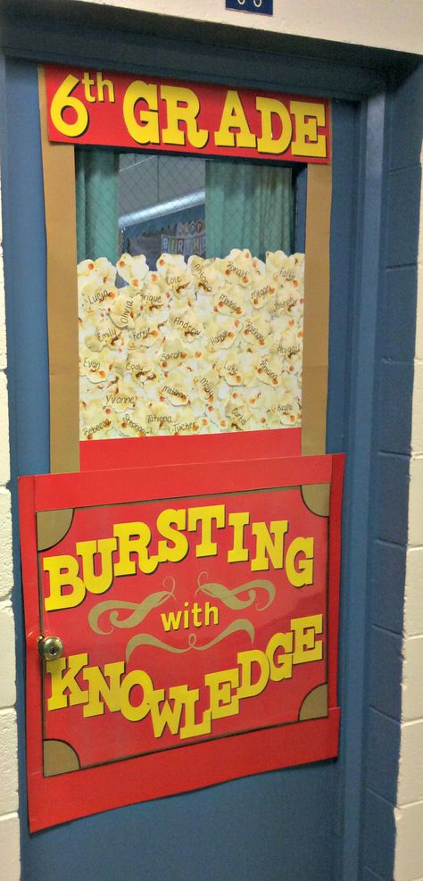 Popcorn themed classroom door Popcorn Door Decorations Classroom, Popcorn Classroom Door, Popcorn Door Decoration, Carnival Theme Classroom Door, Food Theme Classroom Decorations, Carnival School Decorations, Carnival Classroom Door, Food Theme Classroom, Popcorn Bulletin Board Ideas