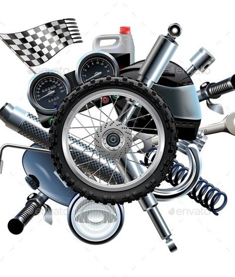 Vector Motorcycle Spares with Wheel by dashadima | GraphicRiver Bike Spare Parts, Studio Background Ideas, Motorcycle Mechanic, Hd Motorcycles, Car Wash Services, Motorcycle Logo, Church Poster Design, Vector Graphics Design, Motorcycle Tires