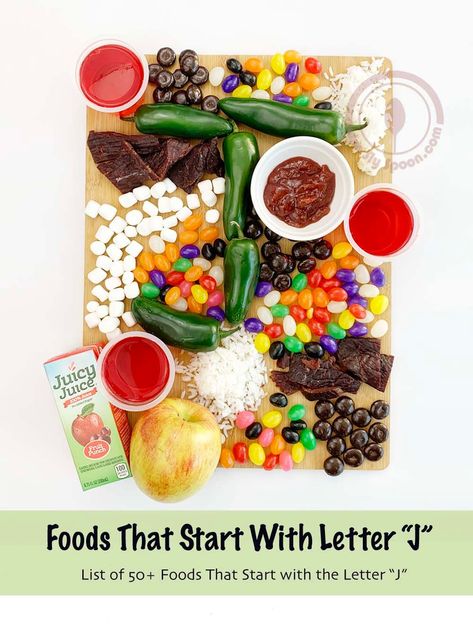 List of 50 Foods That Start With Letter J Charcuterie Board J Snacks Preschool, Letter J Charcuterie Board, Jolly Time Popcorn, Sausage Brands, Letter J Crafts, Juicy Fruit Gum, Peanut Butter Brands, Themed Snacks, List Of Food