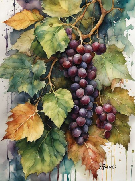 Grape Watercolor, Fruit Watercolor Painting, Grape Drawing, Grape Painting, Fruit Watercolor, Food Art Painting, Butterfly Art Painting, Art Tutorials Watercolor, Oil Art