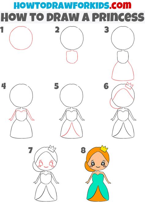 Easy Disney Drawings Simple Step By Step, Simple Princess Drawing, How To Draw A Princess For Kids, How To Draw A Princess, Princess Step By Step Drawing, How To Draw Princess, Disney Princess Paintings, Drawing Princess, Princess Drawing