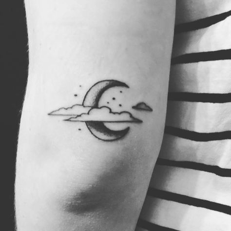 crescent moon & clouds above left elbow Moon And Rain Cloud Tattoo, Moon With Clouds Tattoo, Moon And Clouds Tattoo, Rain Cloud Tattoos, Baddie Tattoos, Moon Star Tattoo, Clouds Tattoo, Square Tattoo, Crescent Moon Tattoo