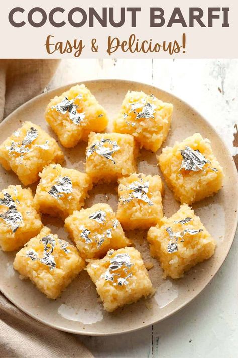 Here's a delightful coconut barfi recipe made with desiccated coconut, fresh milk, condensed milk, and ghee. This easy coconut sweet that resembles fudge is always a hit during the festive season, but who's to say you can't have it otherwise? Made with just four ingredients, it's an Indian mithai you can't do without! Sweet Potato Dessert Recipes Easy, Potato Dessert Recipes, Sweet Potato Dessert Recipes, Coconut Barfi Recipe, Coconut Barfi, Dessert Recipes Healthy, Sheera Recipe, Indian Mithai, Easy Indian Dessert Recipes