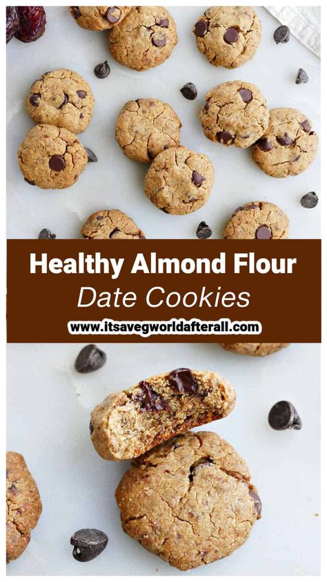 These date sweetened cookies are a healthy treat with peanut butter, almond flour, and chocolate chips! They're a dairy free, gluten free, and vegan treat that take almost no time to whip up! Almond Flour Date Cookies, Date Recipes Gluten Free, Aip Paleo Desserts, Poetry Teatime, Heart Healthy Desserts, Almond Flour Chocolate Chip Cookies, Date Cookies, Almond Flour Cookies, Healthy Carrot Cakes