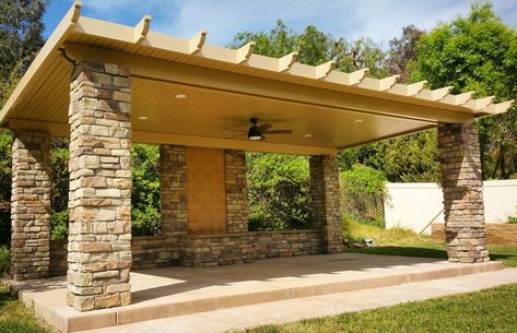 Patio Columns Ideas, Backyard Pillars Columns, Post And Beam Patio Cover, Pergola With Stone Columns, Brick Columns With Wood Beam, Stone Pergola, Pergola With Stone Base, Wrapped Columns, Simple Landscape Design