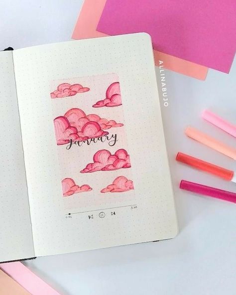 January Journal Page Ideas, Clouds Bujo Theme, Cloud Bujo Theme, January Themes Ideas, January Aesthetic Drawing, Cloud Bujo, Bullet Journal January Theme, January Cover Page Bullet Journal, Clouds Journal