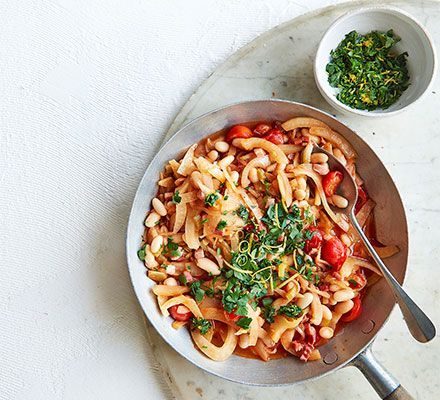 Cannellini bean Bean Ragu, Easy Sausage Casserole, Cannellini Bean, Fresh Olives, Red Onion Salad, Sausage Casserole, Onion Salad, Bbc Good Food, Mango Salad