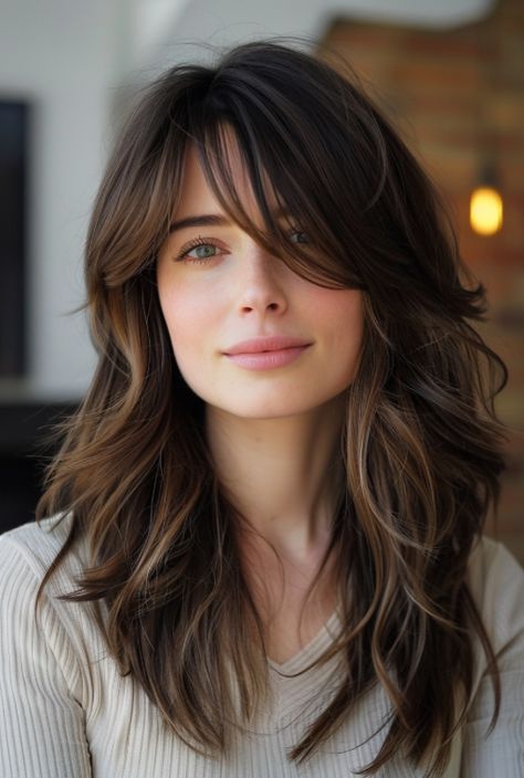 Long Hair Cuts With Layers Round Face, Hairstyles With Side Bangs, Haircut 2024, Side Bangs Hairstyles, Layered Hair With Bangs, Hairstyles For Layered Hair, Mom Hairstyles, Hair Haircuts, Side Bangs