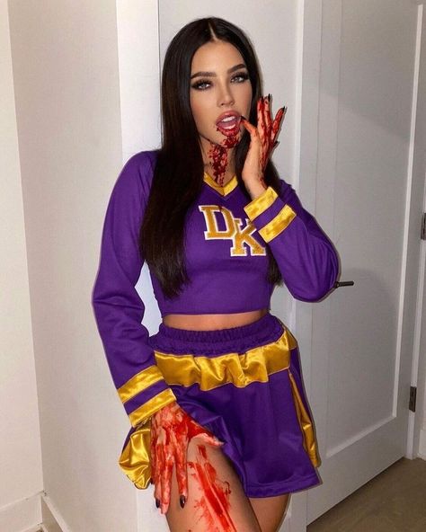 Black Hair Girl Costumes, Jennifer’s Body Costume Cheerleader, Halloween Costumes Blood Ideas, Jennifer Check Nails, Jennifer Body Makeup, Jennifer’s Body Makeup, Jennifer's Body Makeup, Jennifers Body Costum, Jennifers Body Costume Idea