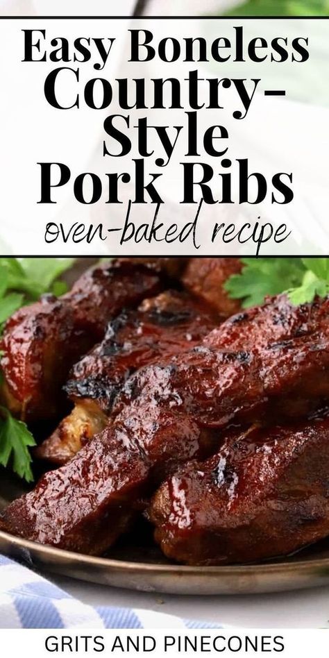 Boneless country-style pork ribs are an easy, delicious option for dinner this summer. Whether you’re craving a hearty meal on a quiet night in or planning a backyard barbecue with friends and family, these oven-baked ribs are sure to satisfy. Try this simple method and enjoy the most flavor-packed pork ribs ever! Bbq Pork Country Style Ribs Oven Baked, Boneless Southern Style Pork Ribs, Boneless Country Style Ribs In Oven, Country Ribs Oven Boneless, Boneless Rib Recipes, Boneless Bbq Ribs In The Oven, Pork Country Style Ribs Recipes, How To Cook Pork Ribs, Boneless Pork Rib Recipes