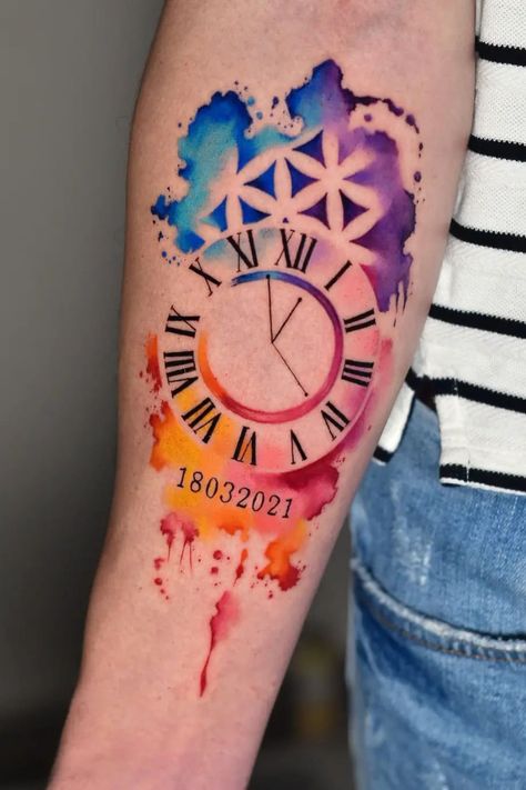 Color Tattoo For Men Arm, Clock Tattoo Design Men, Watercolor Tattoo For Women Unique, Old Clock Tattoo, Tato Jam, Timeless Tattoo, Design Tattoos, Princess Tattoo, Clock Tattoo Design