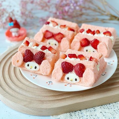 My Melody Dessert, My Melody Food, My Melody Cake, Strawberry Chiffon Cake, My Melody Strawberry, Strawberry Chiffon, Cake Sandwiches, Food Polls, Sanrio Mymelody